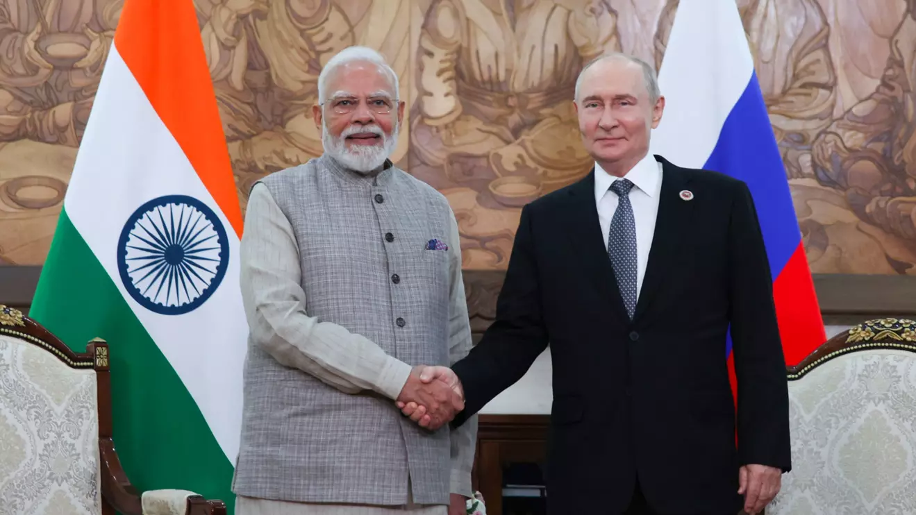 Russian President Vladimir Putin and Indian Prime Minister Narendra Modi shake hands during a meeting on the sidelines of the Shanghai Cooperation Organisation summit in Bishkek, Kyrgyzstan, August 31, 2026. Sputnik/Pyotr Kovalyov/Reuters