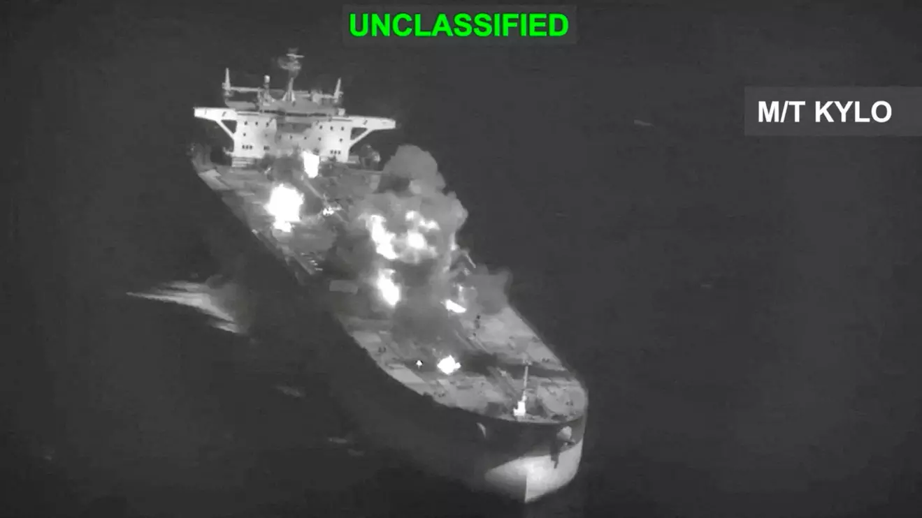 Fire and smoke rise during what U.S. Central Command (CENTCOM) says are strikes on Iranian oil carriers, at an unknown location in this screengrab taken from a handout video released on September 5, 2026. U.S. Central Command