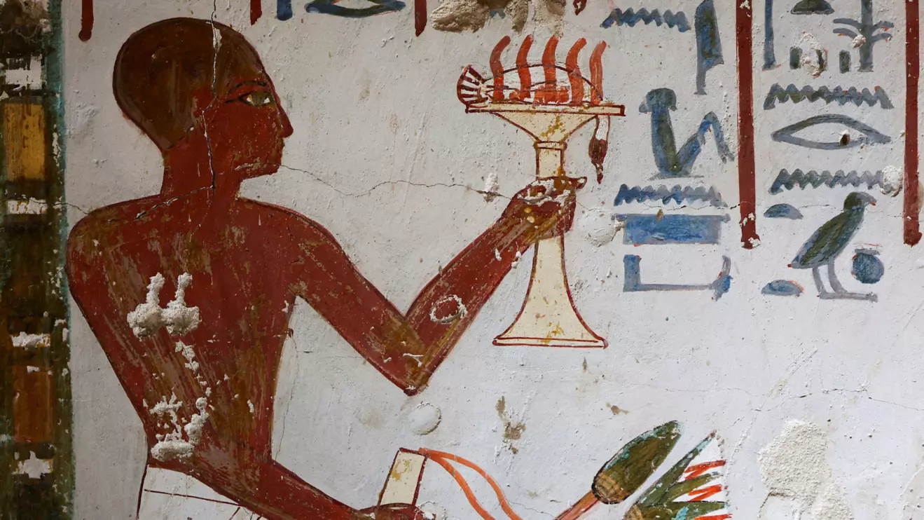 Ancient Egyptian paintings adorn the newly restored tomb wall, inside the recently restored ancient "Amenhotep Rabuia" (TT416) in the El-Khokha necropolis on the west bank of the Nile in Luxor, where Egyptian authorities have announced the completion of restoration work on two 18th Dynasty tombs belonging to Amenhotep Rabuia and his son Samut, dating back to the reigns of Pharaohs Thutmose III and Thutmose IV, that contain scenes illustrating daily life, funerary practices, and religious imagery from ancient Egypt, in Egypt, May 14, 2026. Reuters/Mohamed Abd El Ghany