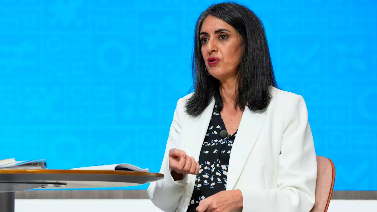 Moroccan Finance Minister Nadia Fettah speaks to the press during the Spring Meetings at the International Monetary Fund (IMF) building in Washington, D.C., U.S. April 15, 2023. Reuters/Ken Cedeno