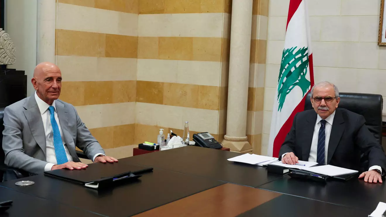 U.S. Ambassador to Turkey and U.S. special envoy for Syria Thomas Barrack meets with Lebanese Prime Minister Nawaf Salam, in Beirut, Lebanon July 21, 2025. Reuters/Mohamed Azakir