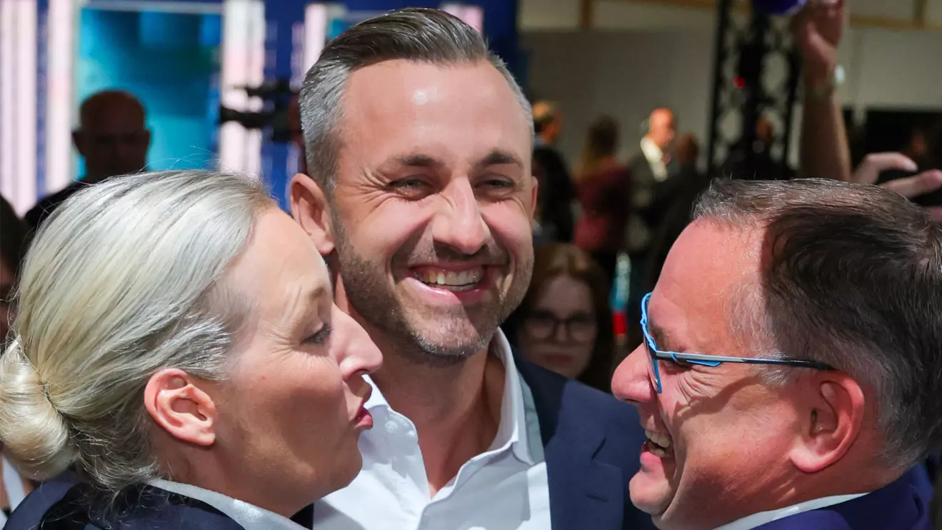 Top candidate of the far-right Alternative for Germany (AfD), Ulrich Siegmund, with party co leaders Alice Weidel and Tino Chrupalla, reacts after polls closed, on the day of the Saxony-Anhalt state elections, in Magdeburg, Germany, September 6, 2026. Reuters/Fabrizio Bensch