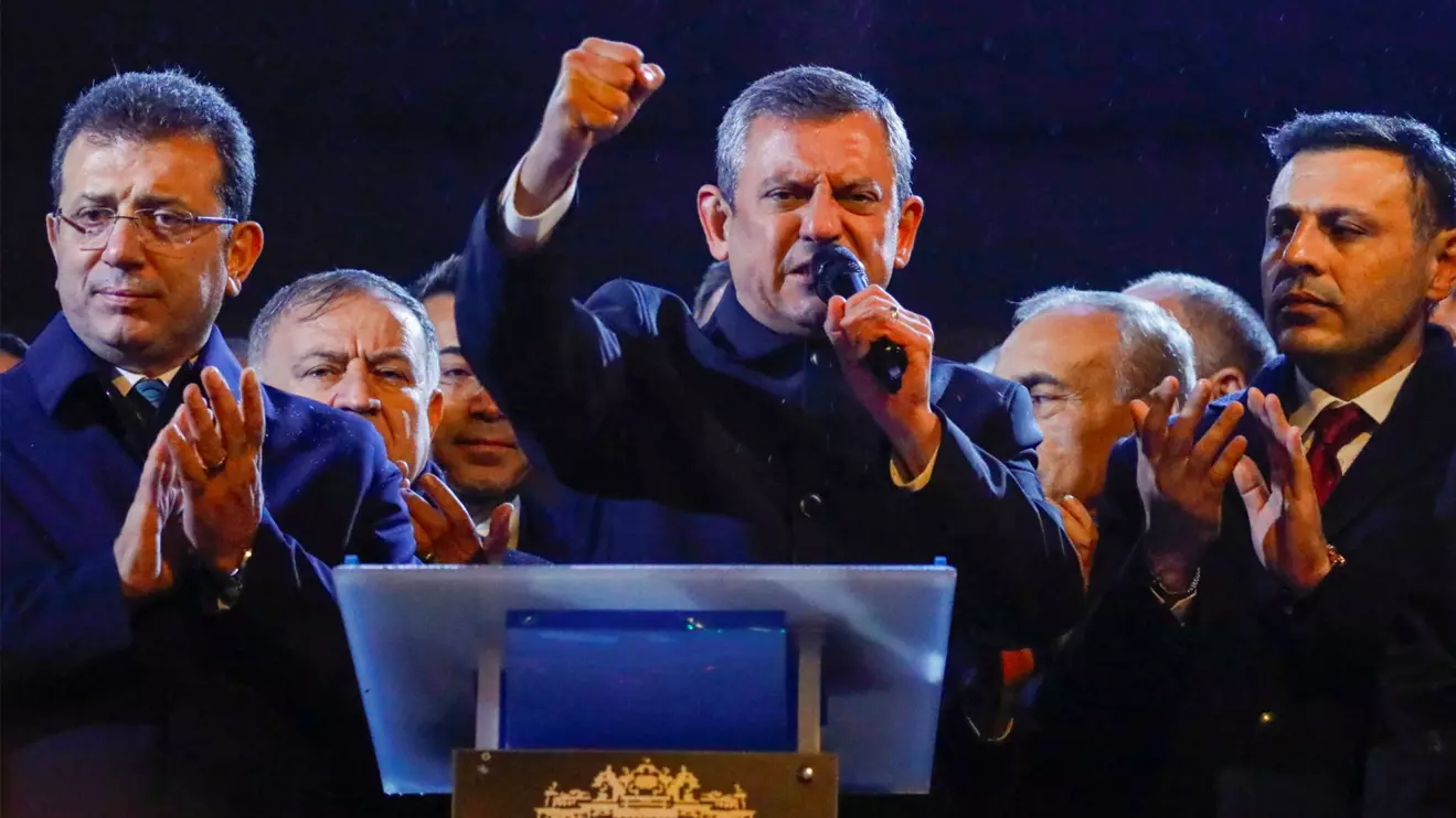 Ozgur Ozel, leader of Turkey's main opposition Republican People's Party (CHP), accompanied by Istanbul Mayor Ekrem Imamoglu, addresses his supporters during a protest against the detention of Besiktas district mayor Riza Akpolat, in Istanbul, Turkey, January 13, 2025. Reuters/Dilara Senkaya