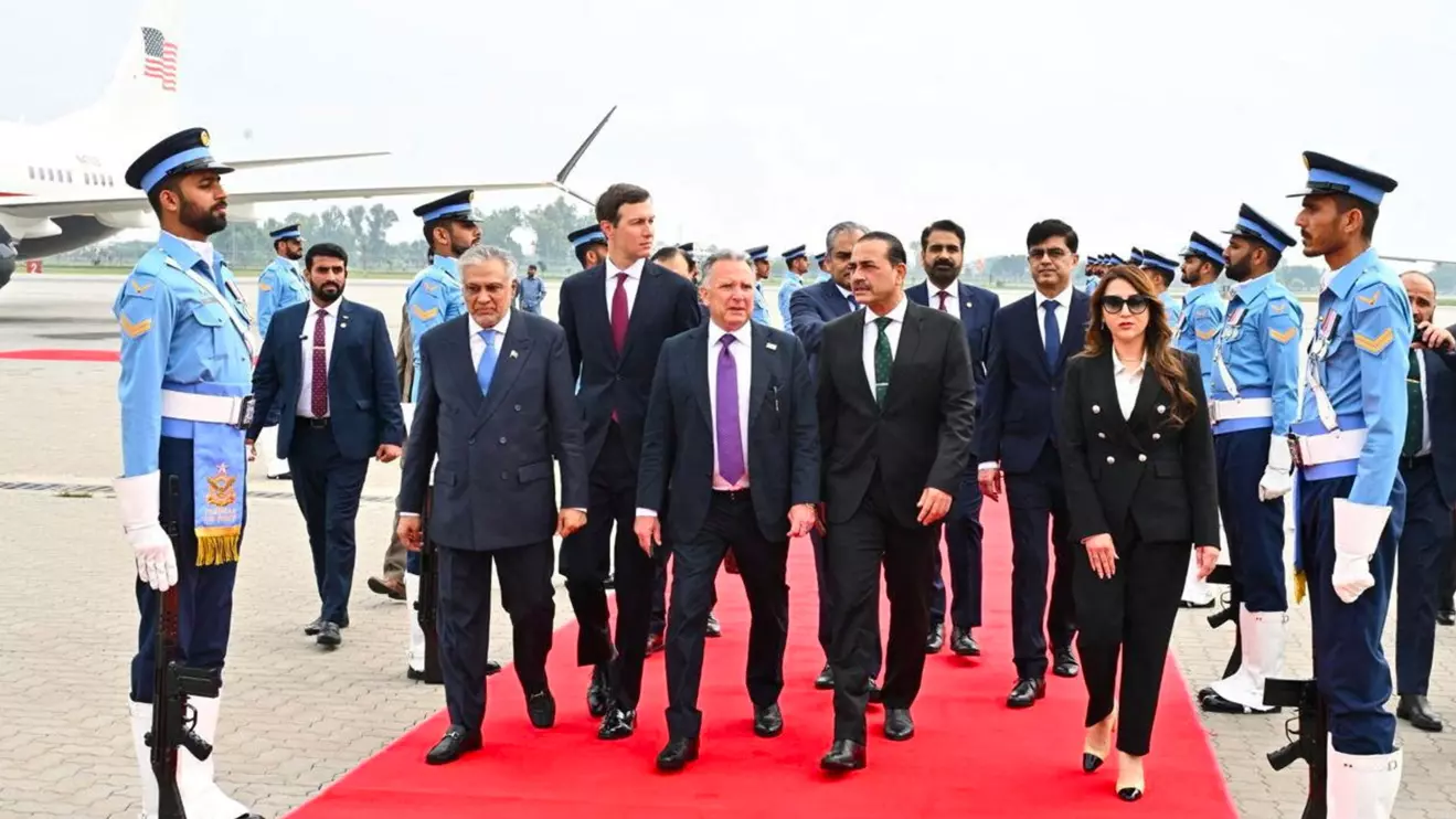 U.S. Special Envoy Steve Witkoff and Jared Kushner walk with Pakistan's Chief of Defence Forces and Chief of Army Staff Field Marshal Asim Munir, and Pakistani Deputy Prime Minister and Foreign Minister Mohammad Ishaq Dar after arriving for peace talks with Iranian officials in Islamabad, Pakistan, Saturday, April 11, 2026. Pakistan's Ministry of Foreign Affairs
