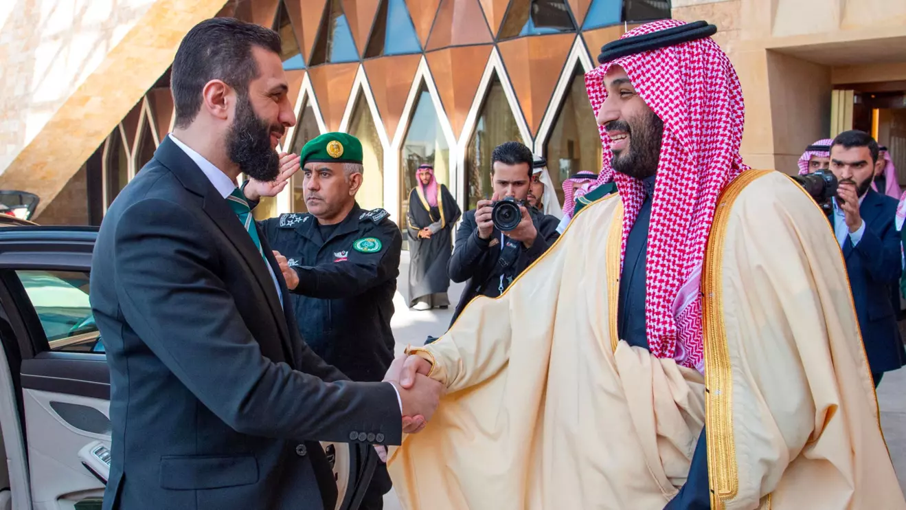Syria's newly appointed president for a transitional phase Ahmed al-Sharaa meets Saudi Crown Prince, Mohammed Bin Salam, in Riyadh, Saudi Arabia, February 2, 2025. Bandar Algaloud Saudi Royal Royal Court