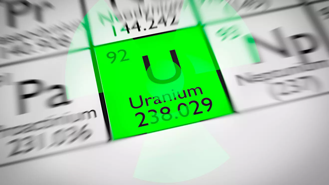 A block with the symbol, atomic number and mass number of Uranium (U) element © Mena Today 