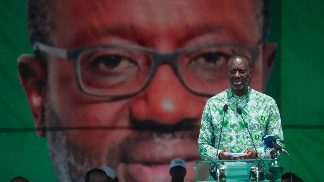 Tidjane Thiam, president of the PDCI (Democratic Party of Cote d'Ivoire), speaks during his first official meeting in Soubre, Ivory Coast, June 22, 2024. Reuters/Luc Gnago
