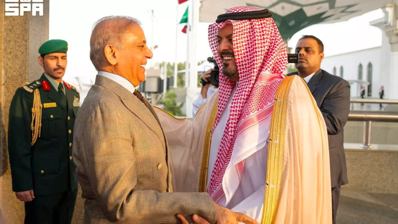 Pakistan's Prime Minister Shehbaz Sharif is received by Deputy Governor of Mecca region, Prince Saud bin Mishaal bin Abdulaziz upon his arrival in Jeddah, Saudi Arabia, August 6, 2026. Saudi Press Agency