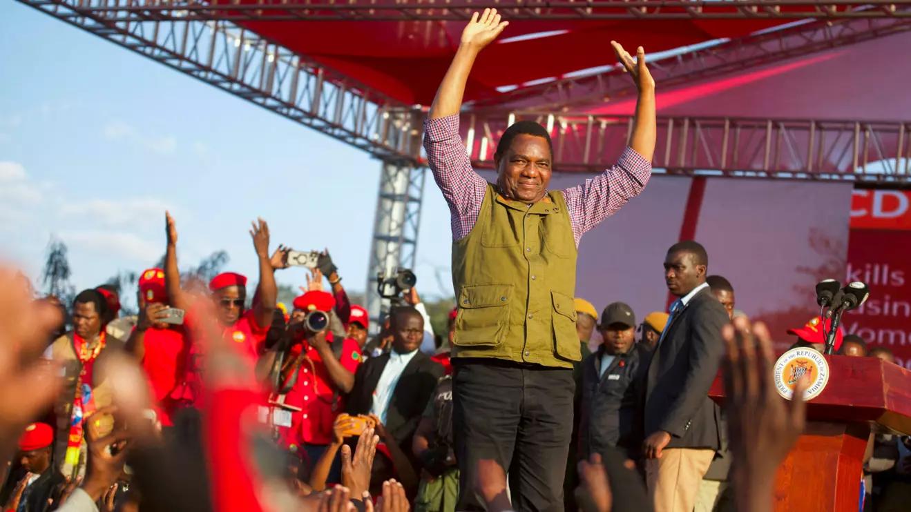 Zambia's President Hakainde Hichilema greets United Party for National Development (UPND) supporters during their election campaign launch in Lusaka, Zambia, June 28, 2026. Reuters/Moses Mwape