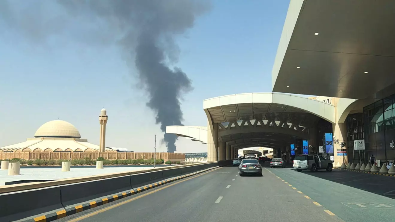 Large plume of black smoke rises from the fuel storage depot at King Khalid International Airport, in Riyadh, Saudi Arabia, September 19, 2026. Picture taken with a mobile phone. Reuters