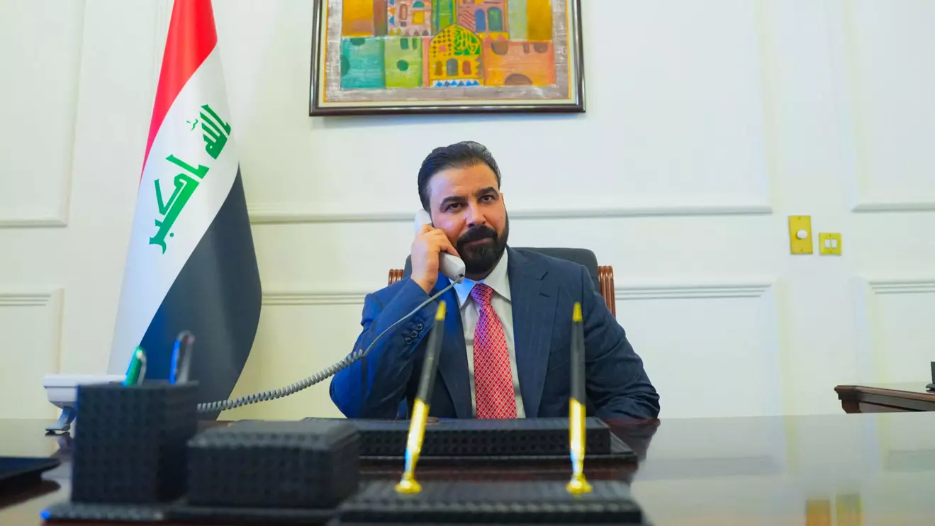 New Iraqi Prime Minister designate Ali al-Zaidi, uses a phone at his office in Baghdad, Iraq, April 28, 2026. Iraqi Prime Minister’s Media Office