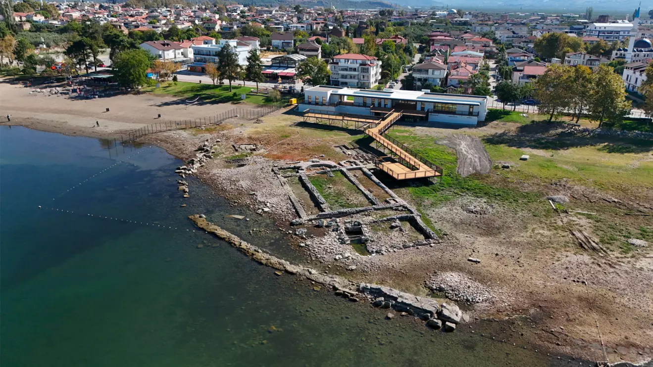 A drone view shows remains of the sunken Byzantine Basilica of Saint Neophytos by the Lake Iznik, where Pope Leo XIV is expected to visit for the celebrations of the 1,700th anniversary of First Nicaea Council, during his trip to Turkey in November as part of his first trip outside Italy, in Iznik, Turkey, October 6, 2025. Reuters/Murad Sezer