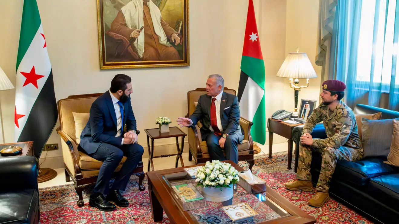 The King of Jordan and the Crown Prince in the company of Syria’s de facto president, Ahmed al-Sharaa © The Royal Hashemite Court