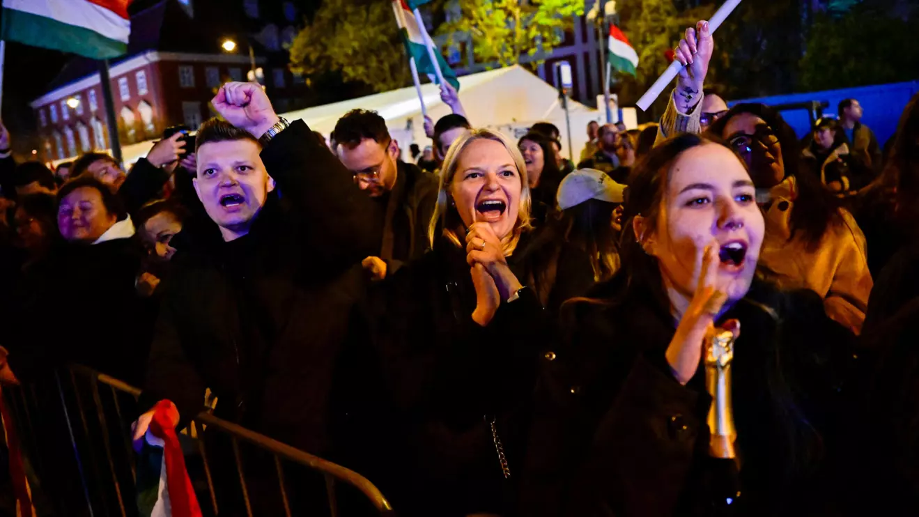 People react after the announcement of partial results of the parliamentary election in Budapest, Hungary, April 12, 2026. Reuters/Marton Monus