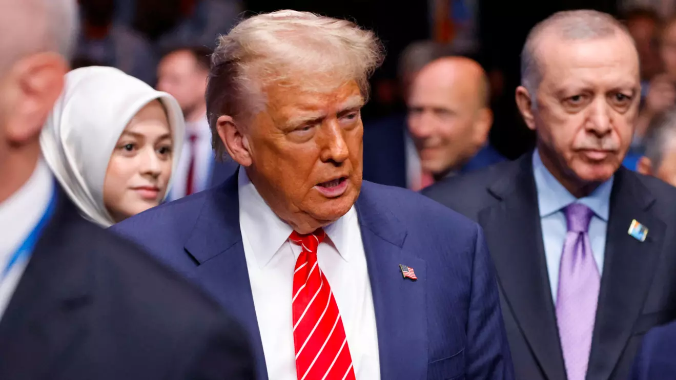 US President Donald Trump and Turkey's President Recep Tayyip Erdogan arrive to attend the North Atlantic Council plenary meeting at the North Atlantic Treaty Organisation (NATO) summit in The Hague on June 25, 2025. Ludovic Marin/Pool via Reuters