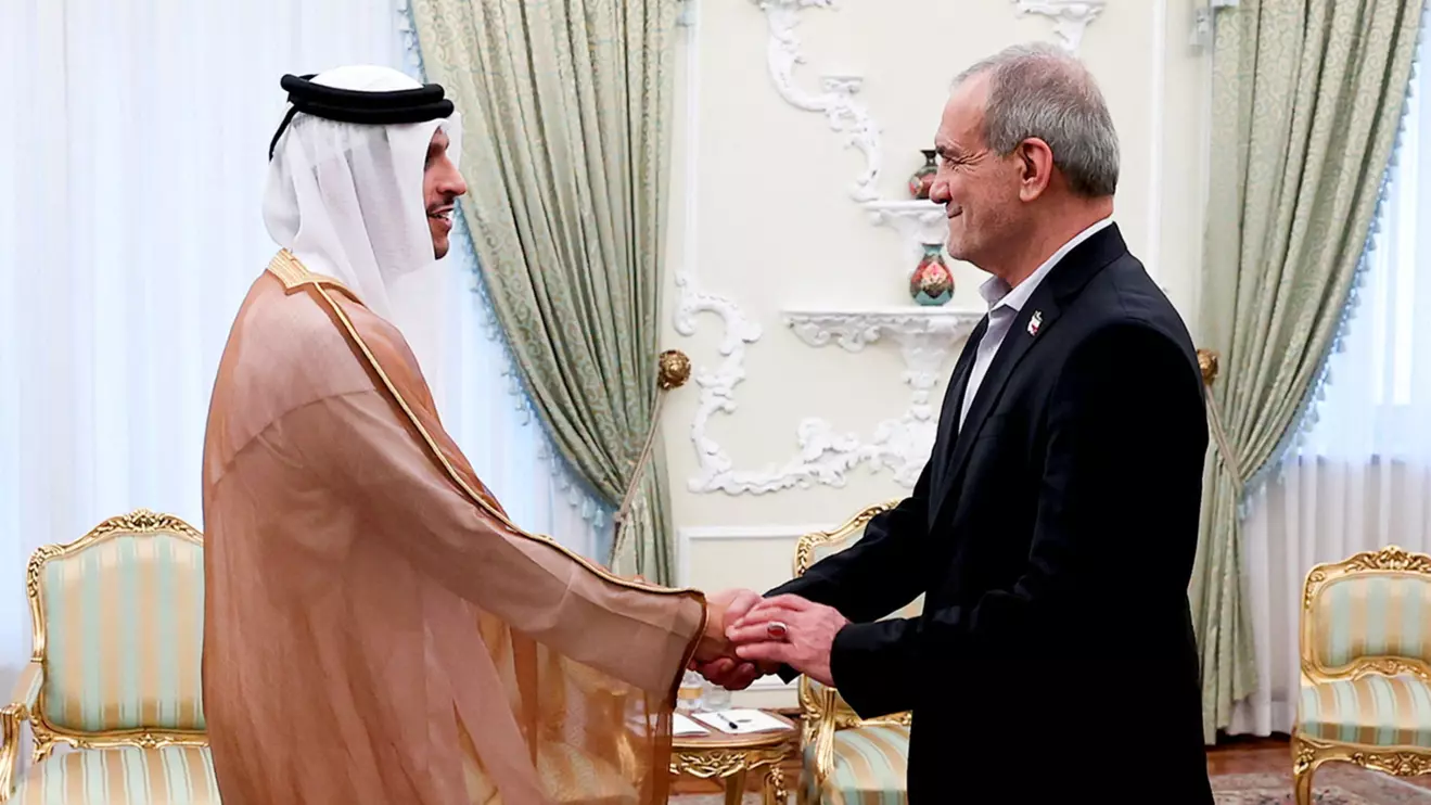 Iranian President Masoud Pezeshkian meets with Qatari Prime Minister and Foreign Minister Mohammed bin Abdulrahman Al Thani, in Tehran, Iran, August 27, 2026. Iran's Presidential website