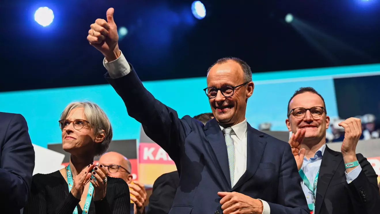 Christian Democratic Union (CDU) party candidate for chancellor Friedrich Merz gives a thumbs up during a campaign event in Oberhausen, Germany, February 21, 2025. Reuters/Teresa Kroeger