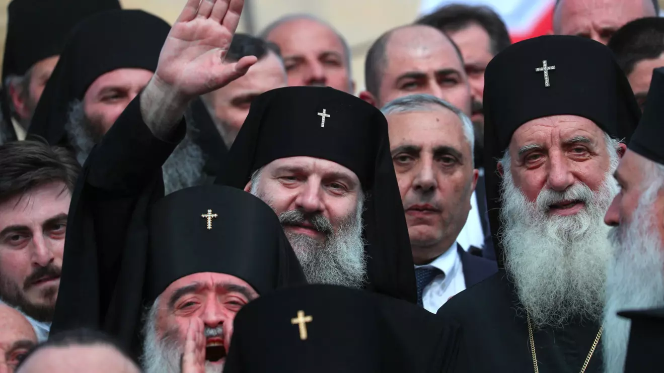 Officials and spiritual leaders, including newly elected head of the Georgian Orthodox Church, Shio III, take part in a photo ceremony after voting on the Catholicos-Patriarch of All Georgia at the Holy Trinity Cathedral, also known as Sameba, in Tbilisi, Georgia, May 11, 2026. Reuters/Irakli Gedenidze