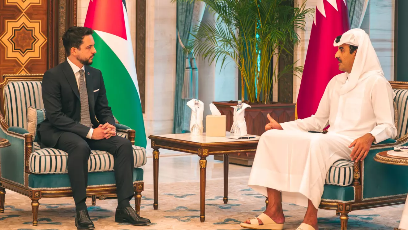 Jordan’s Crown Prince Al Hussein with Qatar’s Emir Sheikh Tamim bin Hamad Al Thani in Doha on Wednesday © X