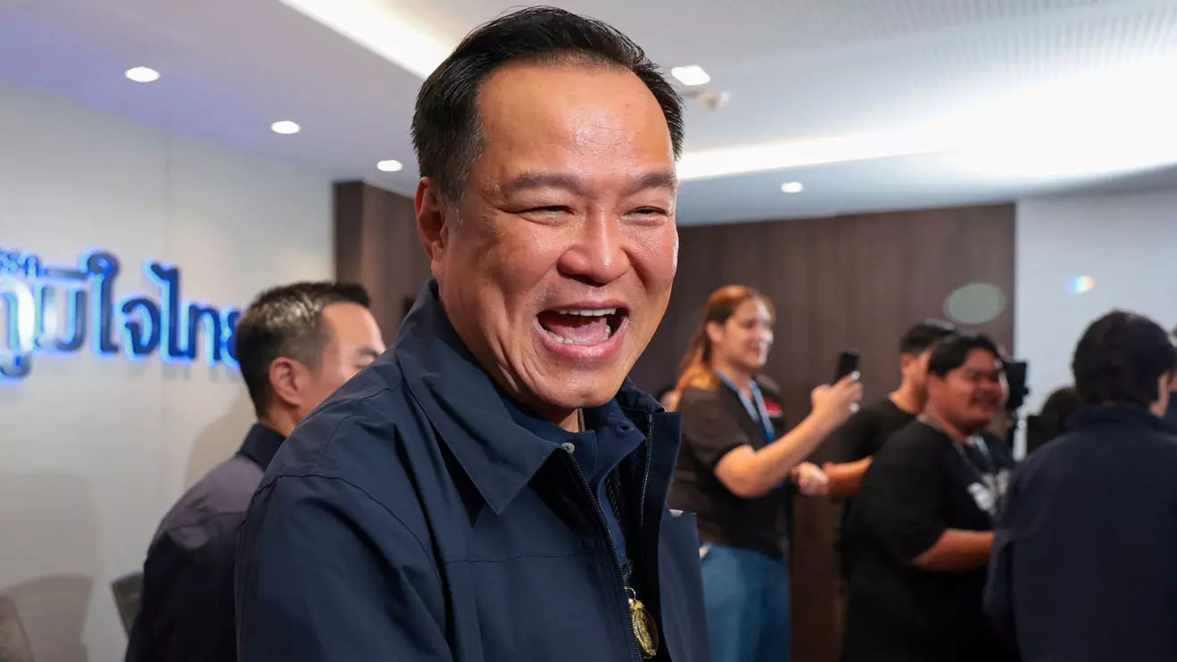Thailand's caretaker Prime Minister Anutin Charnvirakul, Bhumjaithai Party leader and prime ministerial candidate, gestures following a press conference at the party headquarters on the day of the general election, in Bangkok, Thailand, February 8, 2026. Reuters/Chalinee Thirasupa