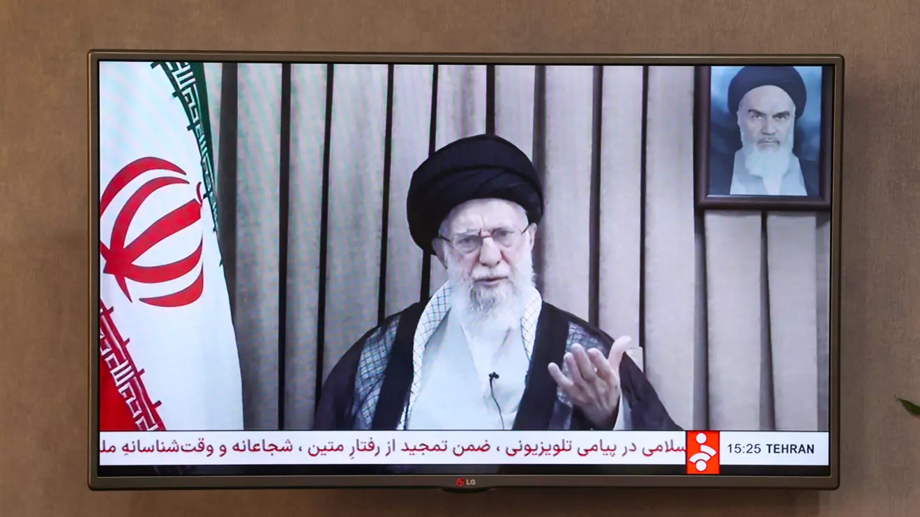 A TV screen displays the televised message of Iran's Supreme Leader, Ayatollah Ali Khamenei, during the Iran-Israel conflict in Tehran, Iran, June 18, 2025. Majid Asgaripour/WANA (West Asia News Agency) via Reuters