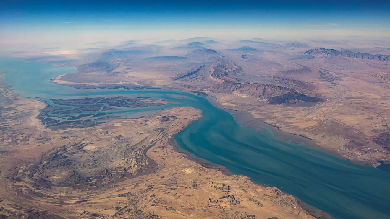 An aerial view of the Iranian shores and the island of Qeshm in the strait of Hormuz, Reuters