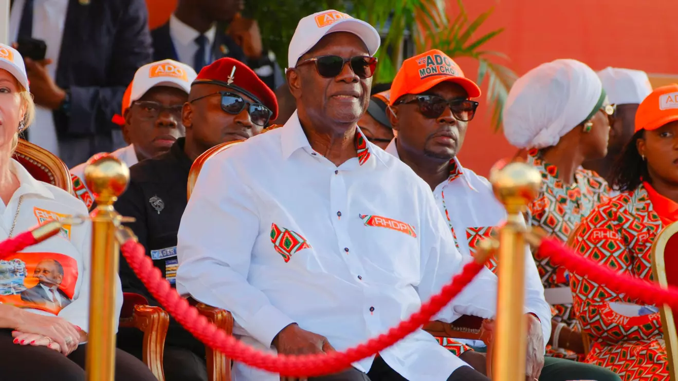 Ivorian President Alassane Ouattara, 83, prepares to address supporters during a final political rally ahead of Ivory Coast's presidential election, scheduled for October 25, in Abidjan, Ivory Coast, October 23, 2025. Reuters/Francis Kokoroko