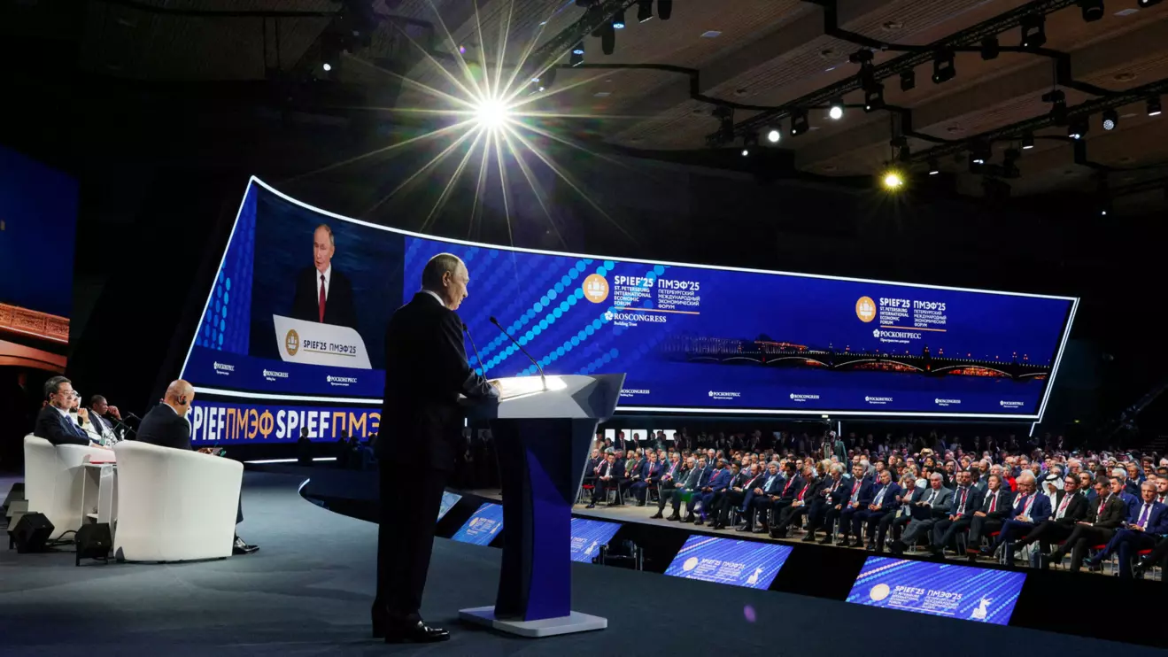 Russia's President Vladimir Putin delivers a speech during a plenary session of the St. Petersburg International Economic Forum (SPIEF) in Saint Petersburg, Russia, June 20, 2025. Sputnik/Gavriil Grigorov/Reuters