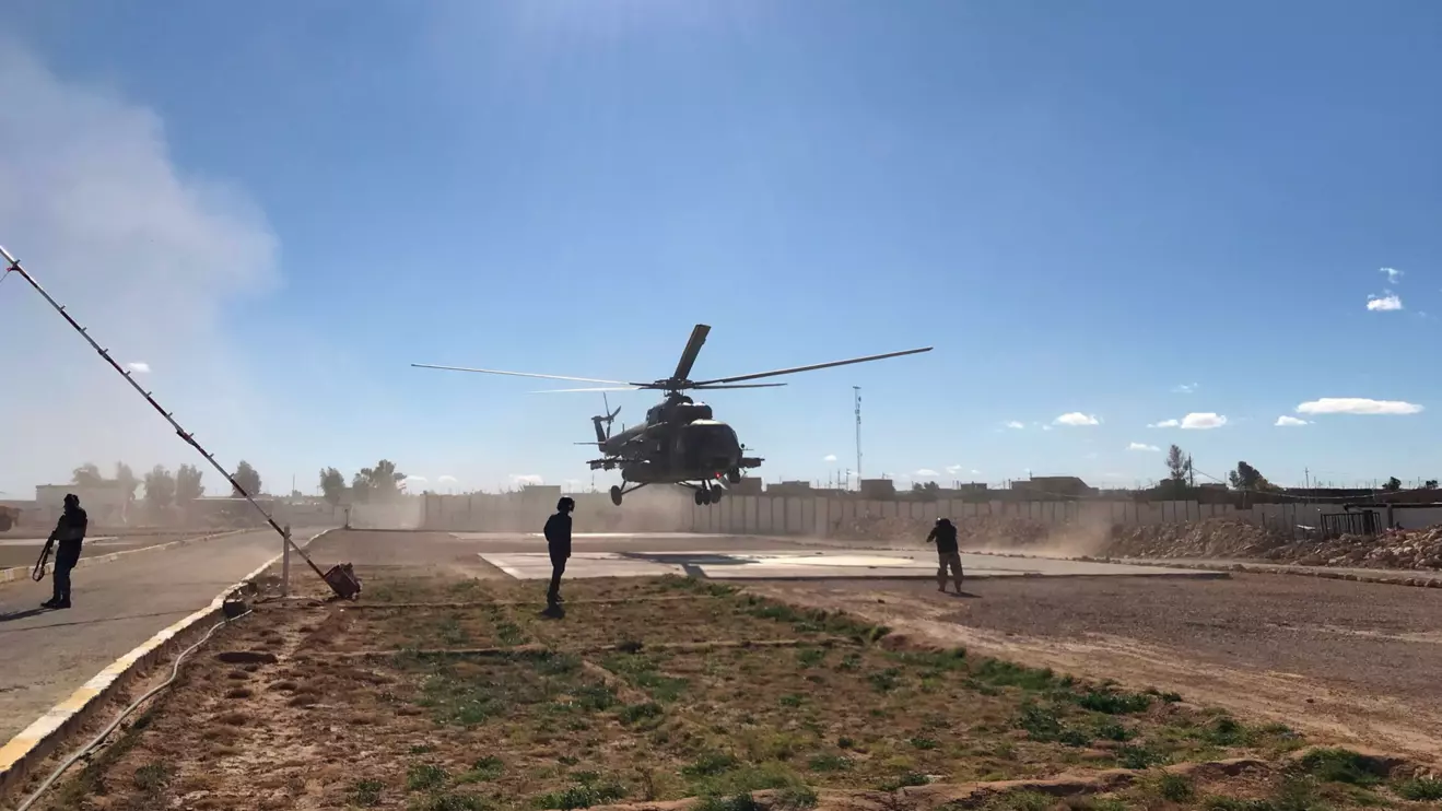 Iraqi army commanders visit by helicopter a military base near a border crossing with Syria at Al-Qaim, Iraq January 18, 2021. Picture taken January 18, 2021. Reuters/John Davison