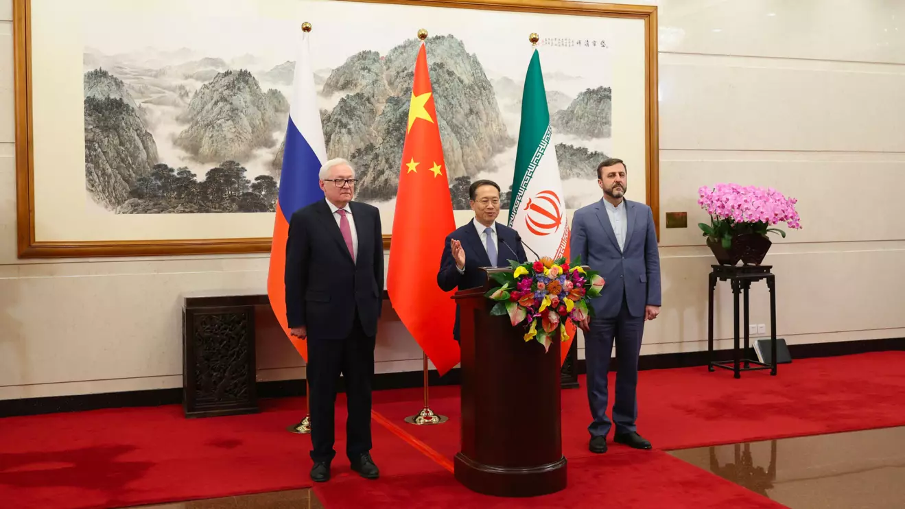 Russian Deputy Foreign Minister Sergei Ryabkov, Chinese Vice Foreign Minister Ma Zhaoxu and Iranian Deputy Foreign Minister Kazem Gharibabadi meet with reporters after their meeting at Diaoyutai State Guest House on March 14, 2025 in Beijing, China. Lintao Zhang/Reuters