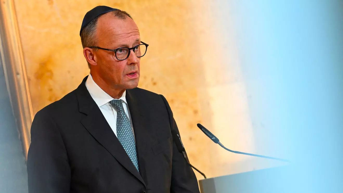 German Chancellor Friedrich Merz attends celebrations of the newly completed renovation of Reichenbach Strasse synagogue in Munich, Germany, September 15, 2025. Reuters/Angelika Warmuth
