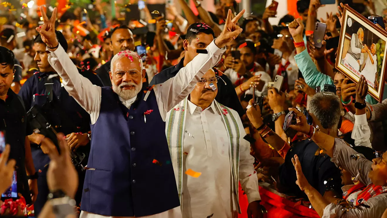 Indian Prime Minister Narendra Modi gestures as he arrives at Bharatiya Janata Party (BJP) headquarters in New Delhi, June 4, 2024. Reuters/Adnan Abi