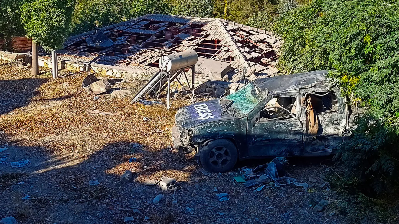 A view of a damaged Press vehicle at the site of an Israeli strike early on Friday morning in Hasbaya, Lebanon October 25, 2024. Reuters/Stringer