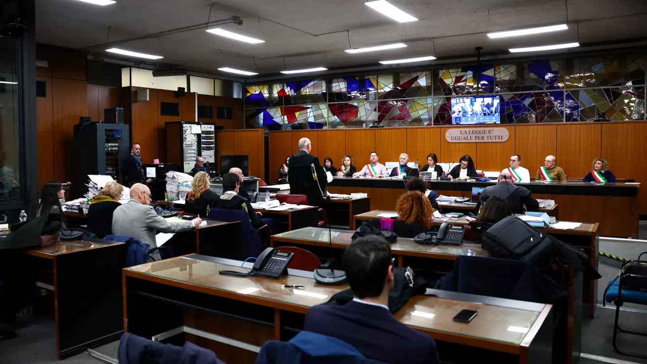 People attend a trial in absentia of four senior members of Egyptian security services over their suspected role in the disappearance and murder of Italian student Giulio Regeni in Cairo in 2016, in Rome, Italy, February 20, 2024. Reuters/Guglielmo Mangiapane