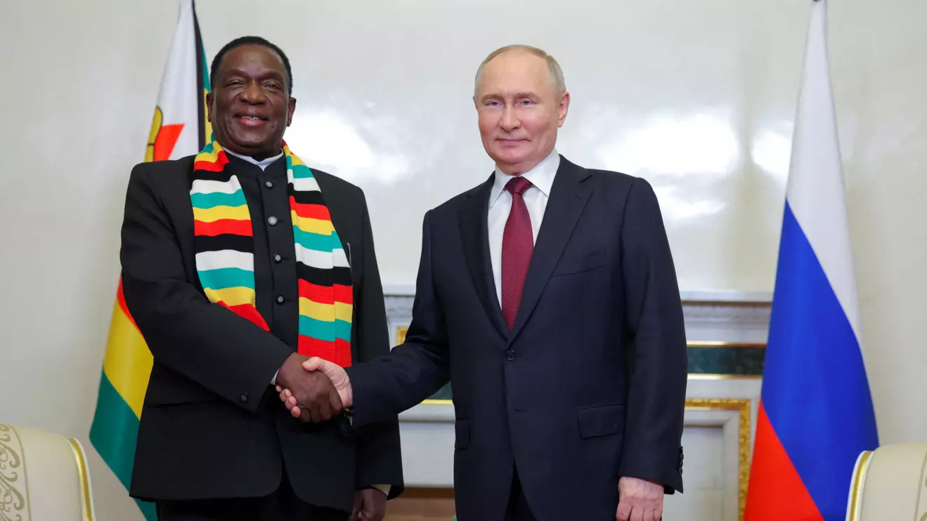 Russia's President Vladimir Putin shakes hands with Zimbabwe's President Emmerson Mnangagwa during a meeting on the sidelines of the St. Petersburg International Economic Forum (SPIEF) in Saint Petersburg, June 6, 2024. Reuters/Anton Vaganov