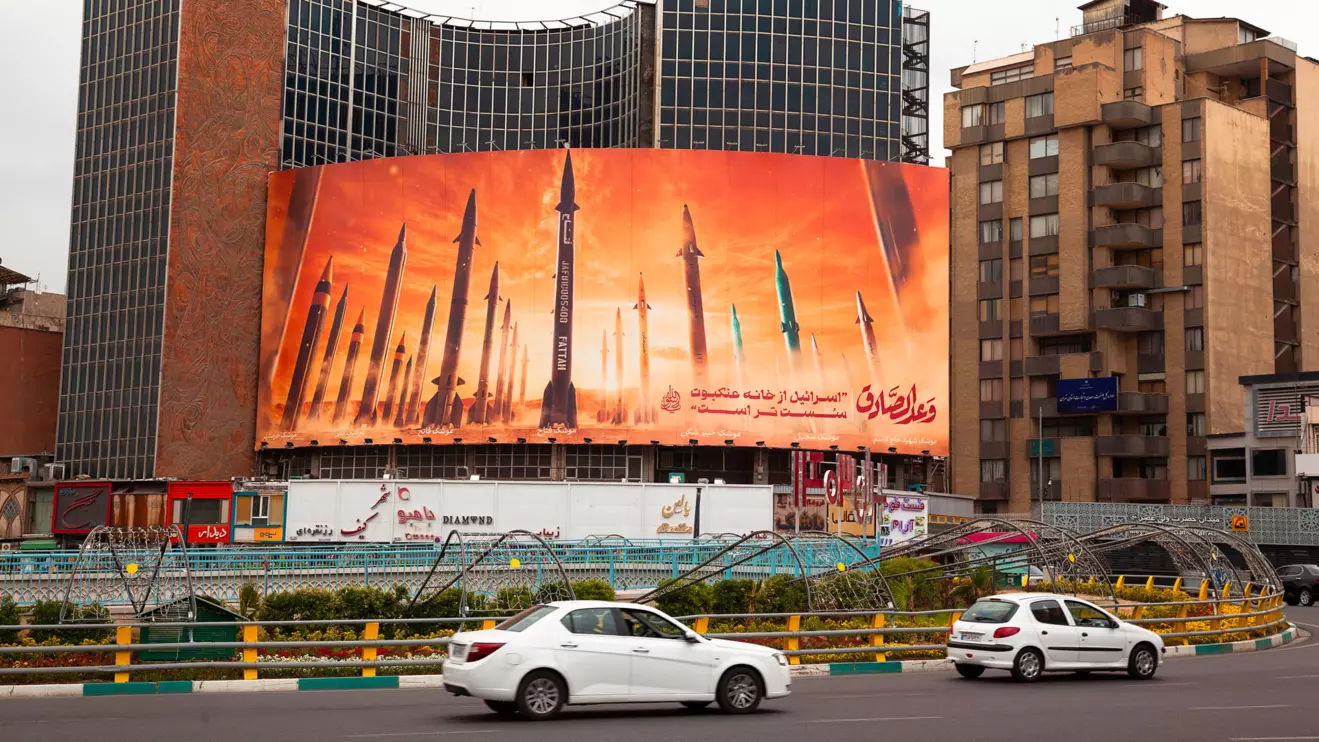 A billboard in Tehran displaying Iranian ballistic missiles fired at Israel © Mena Today 