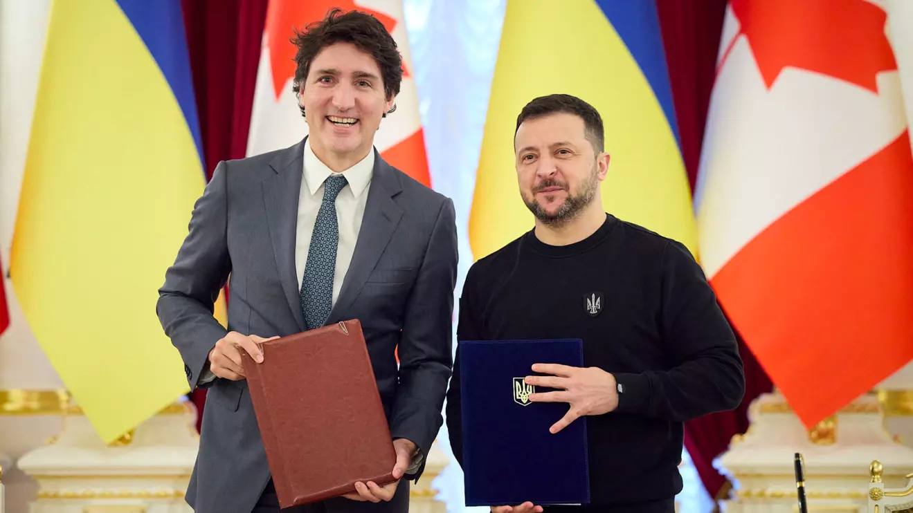 Ukraine's President Volodymyr Zelenskiy and Canada's Prime Minister Justin Trudeau in Kyiv, February 24, 2024. Ukrainian Presidential Press Service/Handout via Reuters