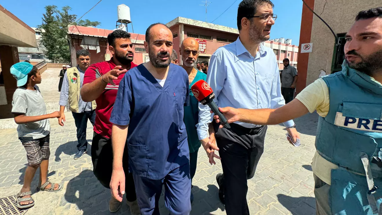 Palestinian doctor Mohammad Abu Selmeyah, the director of Al Shifa Hospital who was detained by Israeli forces, speaks to the media after his release from an Israeli jail, July 1, 2024. Reuters/Mohammed Salem