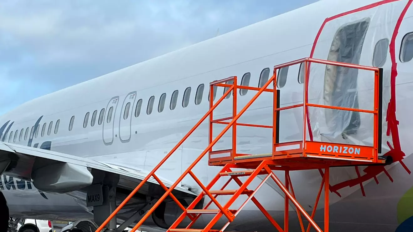 The fuselage plug area of Alaska Airlines Flight 1282 Boeing 737-9 MAX, which was forced to make an emergency landing with a gap in the fuselage, is seen during its investigation by the National Transportation Safety Board (NTSB) in Portland, Oregon, U.S. January 7, 2024. NTSB/Handout via Reuters