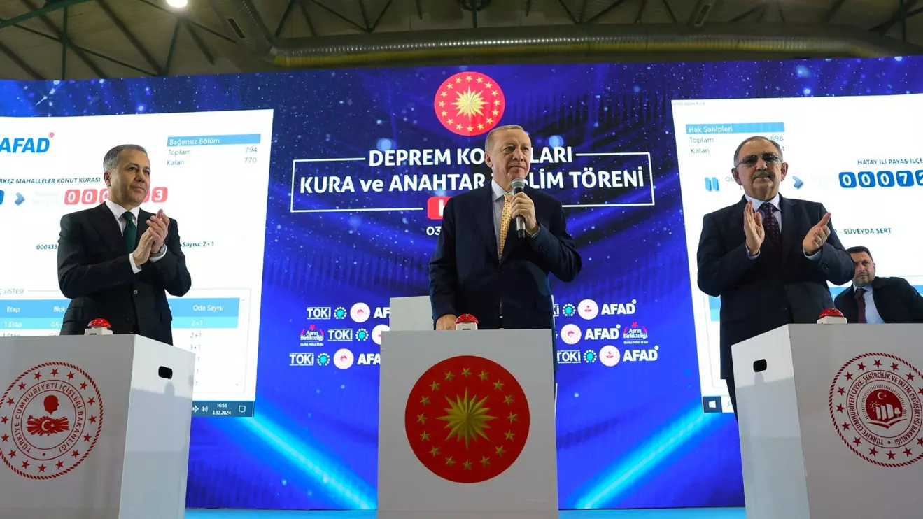 Turkish President Tayyip Erdogan attends a ceremony to hand over keys to newly-completed homes to some of those left homeless after last year's devastating earthquake, in Hatay, Turkey February 3, 2024. Presidential Press Office/Handout via Reuters