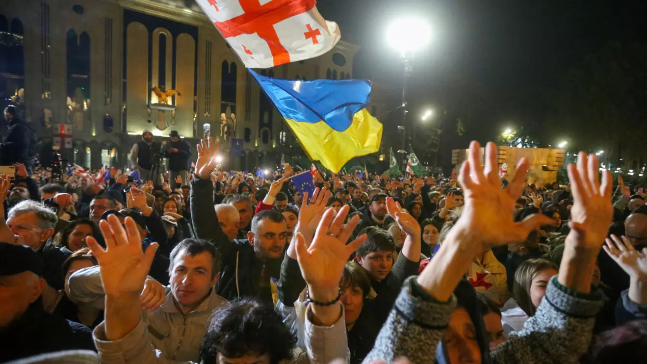 Supporters of Georgia's opposition parties hold a rally to protest and dispute the result of a recent parliamentary election won by the ruling Georgian Dream party, in Tbilisi, Georgia October 28, 2024. Reuters/Irakli Gedenidze