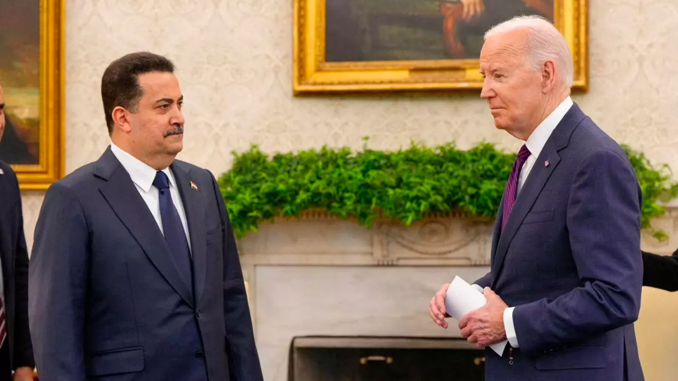 U.S. President Joe Biden meets with Iraqi Prime Minister Mohammed Shia al-Sudani at the White House in Washington, U.S., April 15, 2024. Iraqi Prime Minister Media Office/Handout via Reuters