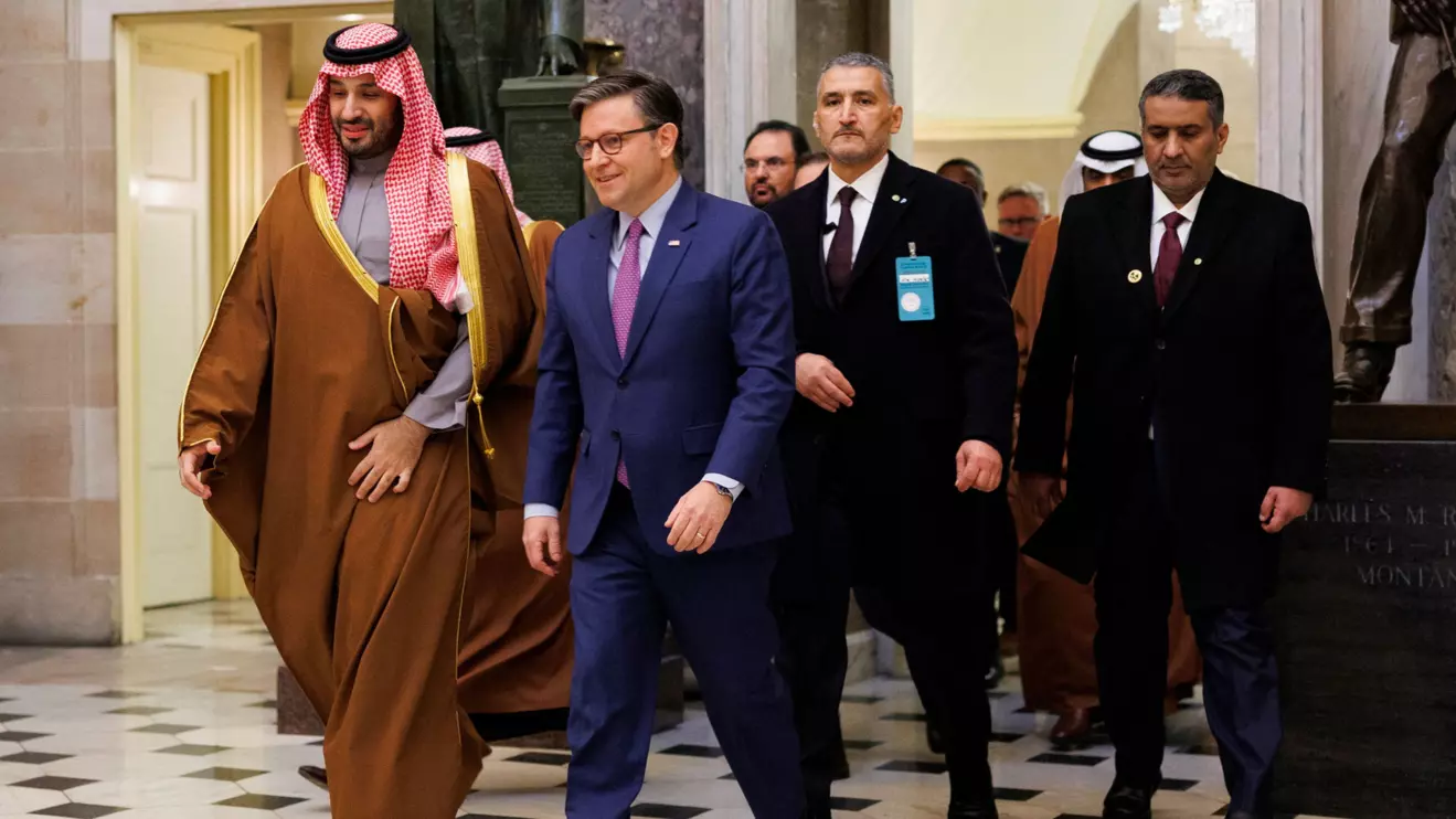 Saudi Crown Prince and Prime Minister Mohammed bin Salman walks beside U.S. House Speaker Mike Johnson (R-LA) ahead of a meeting on Capitol Hill in Washington, D.C., U.S., November 19, 2025. Reuters/Tom Brenner