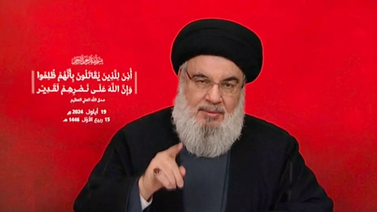 Hezbollah leader Sayyed Hassan Nasrallah gives a televised address, Lebanon, September 19, 2024, in this screenshot taken from a video. Al-Manar TV