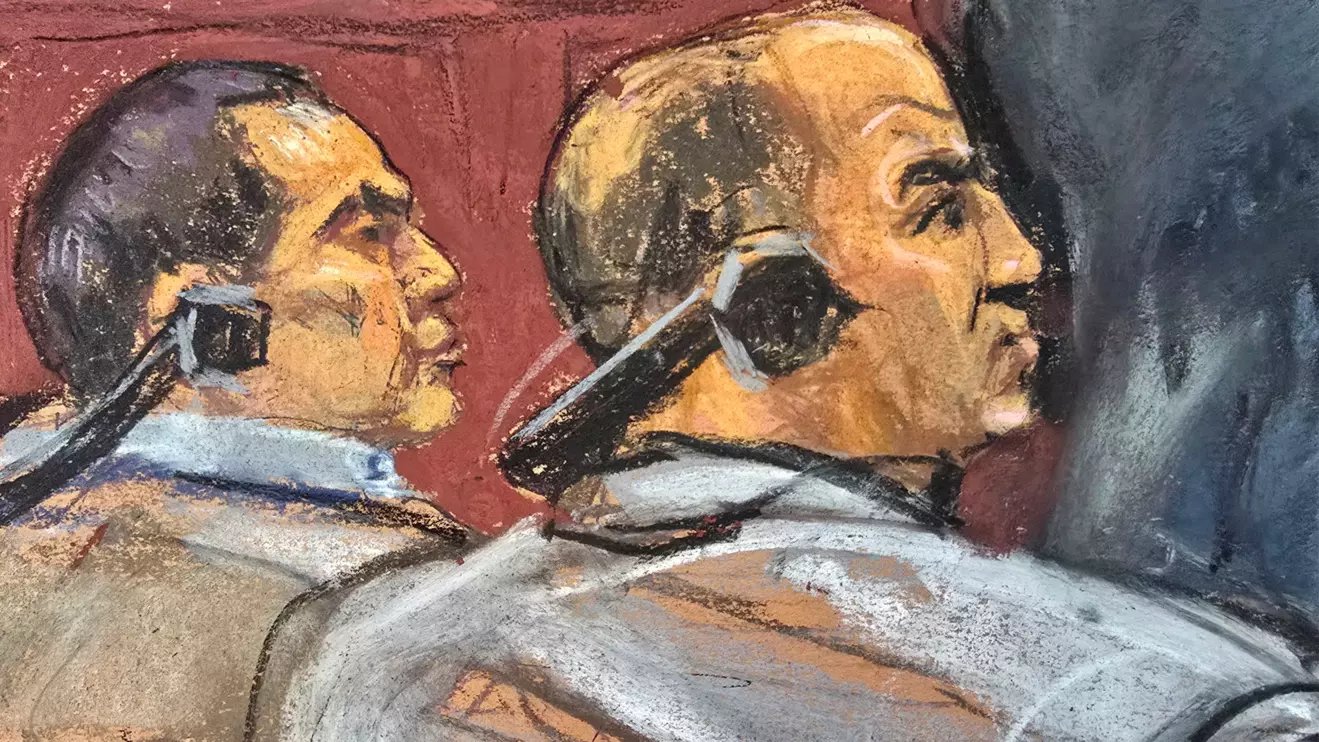 Defendants Polad Omarev and Rafat Amirov watch as Masih Alinejad, a New York-based journalist who left Iran in 2009 and is known for outspoken criticism of the government in Tehran and its treatment of women, reacts during questioning during their trial at a courtroom in New York, U.S., March 10, 2025 in this courtroom sketch. Reuters/Jane Rosenberg
