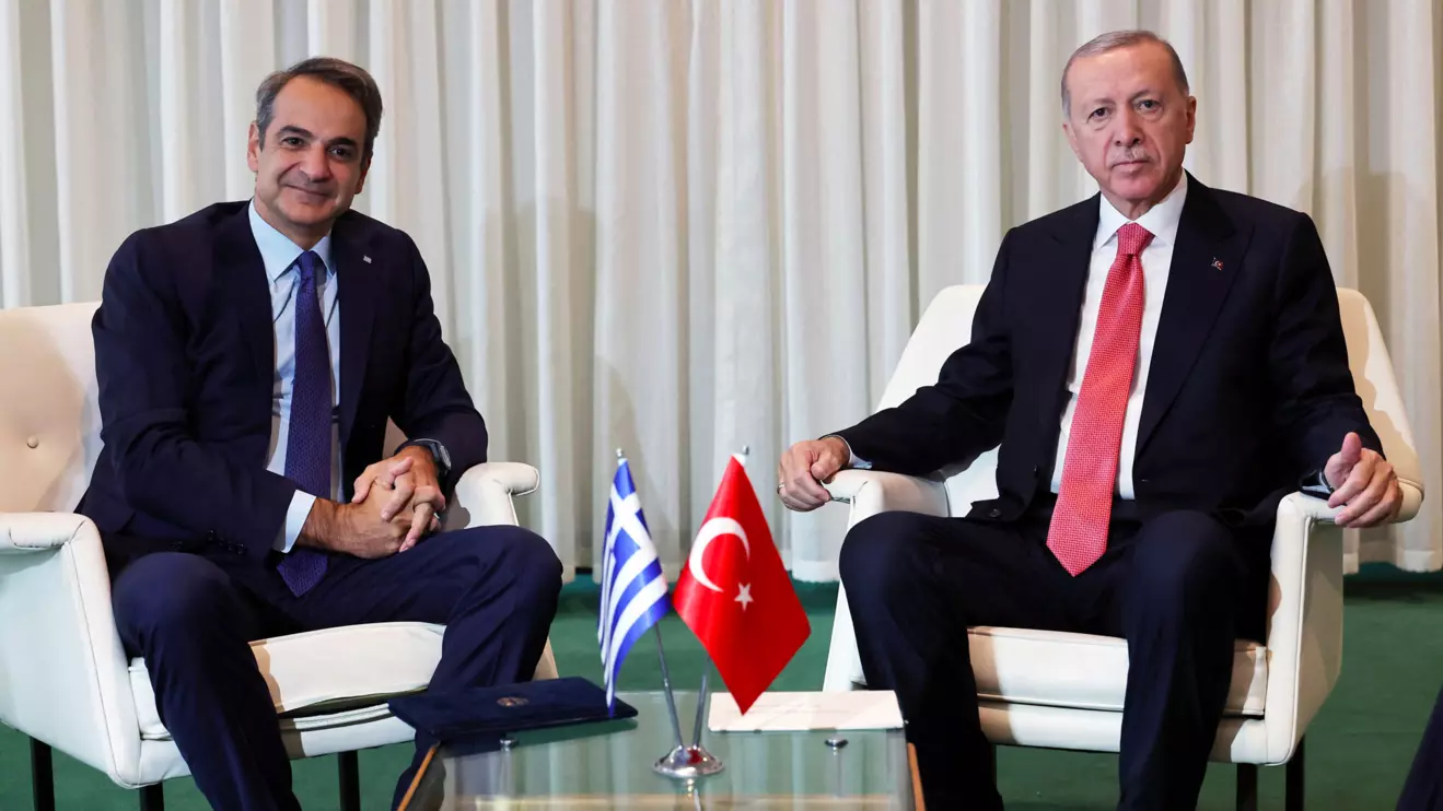 Turkish President Tayyip Erdogan meets with Greek Prime Minister Kyriakos Mitsotakis on the sidelines of the "Summit of the Future" at United Nations Headquarters, in New York, U.S., September 24, 2024. Murat Cetinmuhurdar/Turkish Presidential Press Office