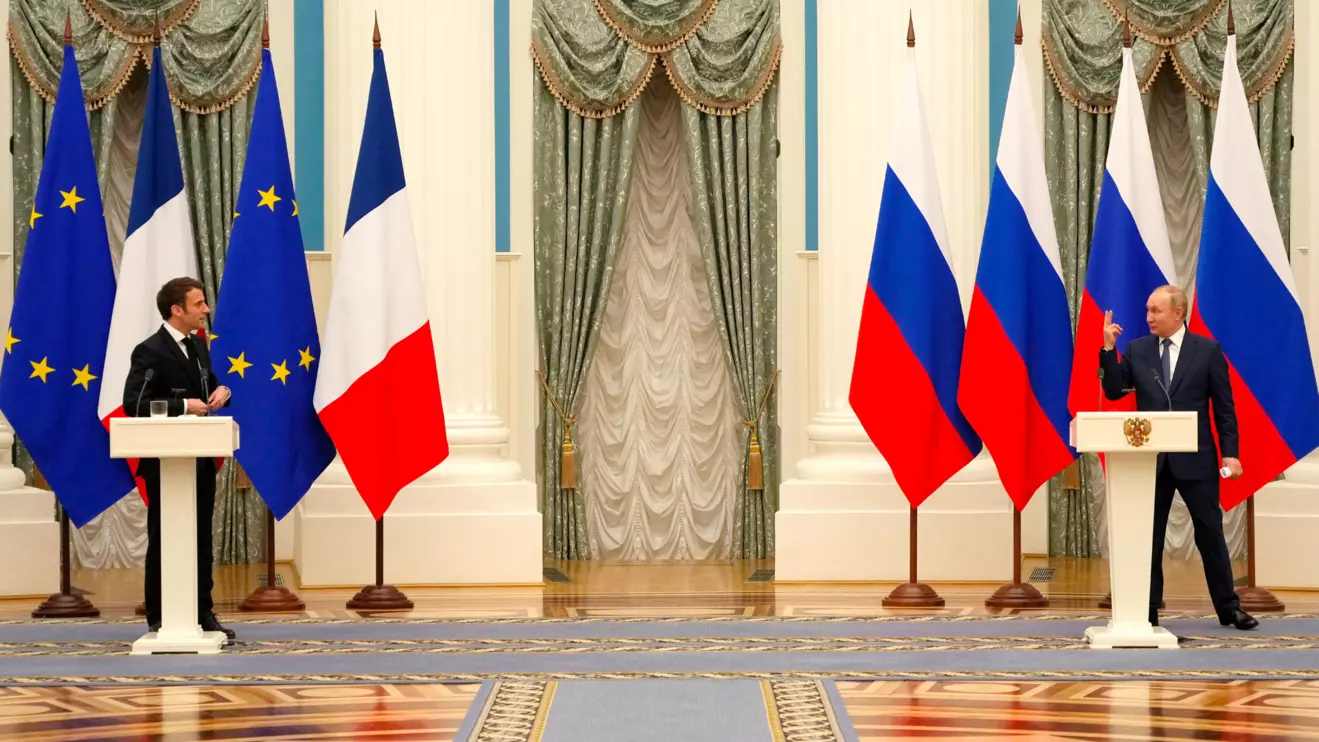 President Vladimir Putin and French President Emmanuel Macron, attend a joint press conference, in Moscow, Russia, February 7, 2022. Thibault Camus/Reuters