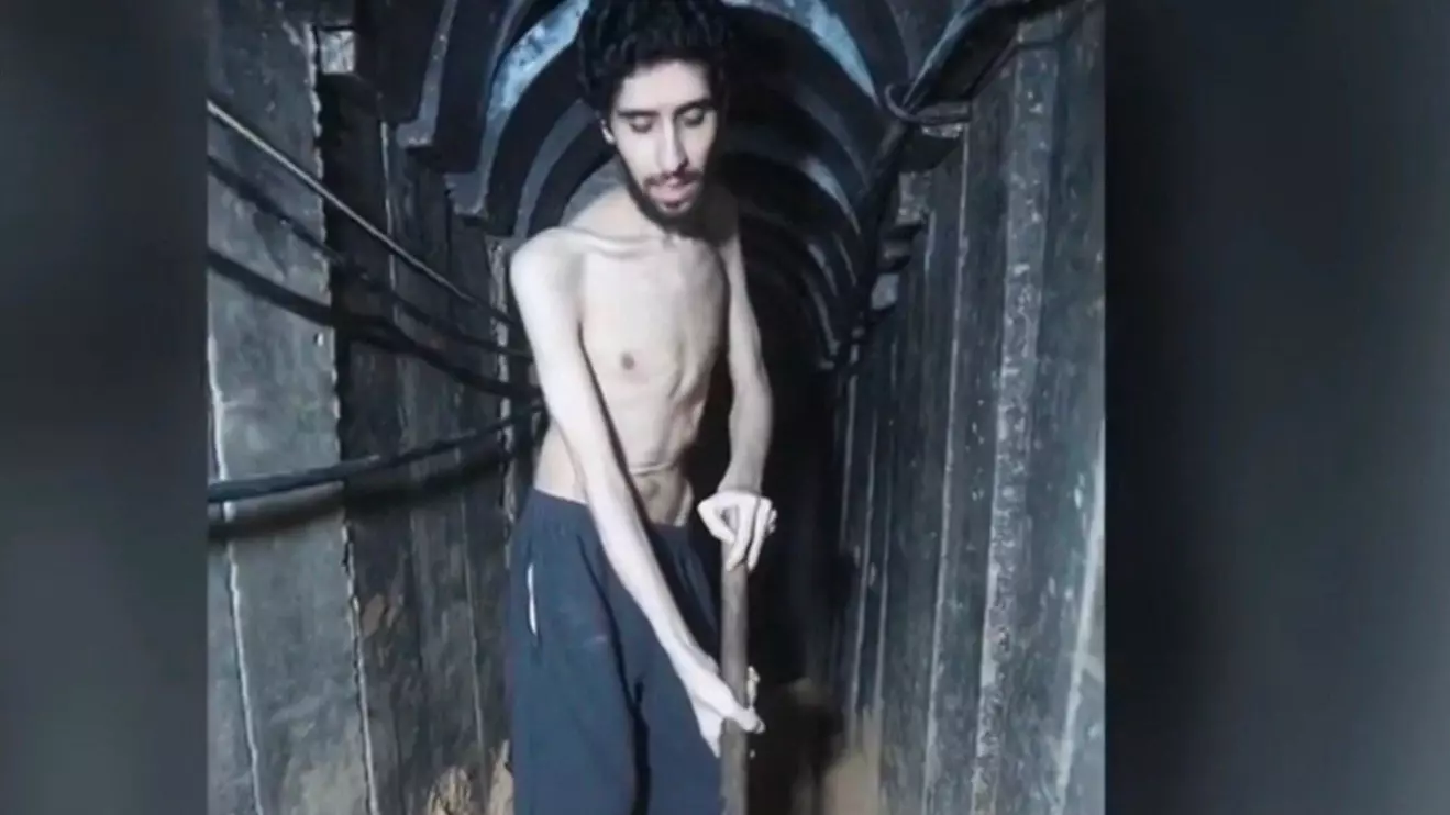 This screenshot, taken from a video released on August 1, 2025, by the armed wing of the terrorist group Hamas, shows Israeli hostage Evyatar David appearing weak and emaciate