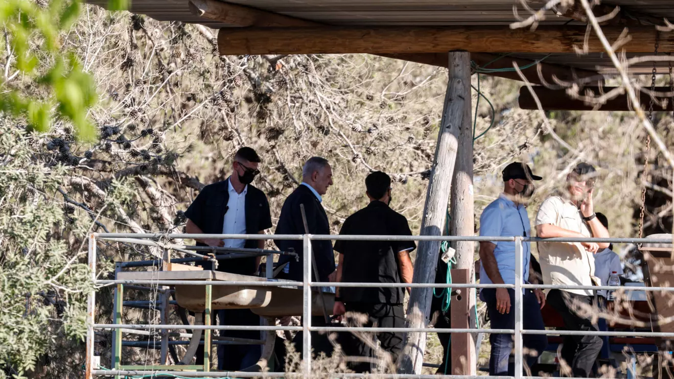 Israeli Prime Minister Benjamin Netanyahu looks on, during his visit for the first time since the October 7, 2023 attack in Nir Oz, Israel July 3, 2025. Reuters/Amir Cohen