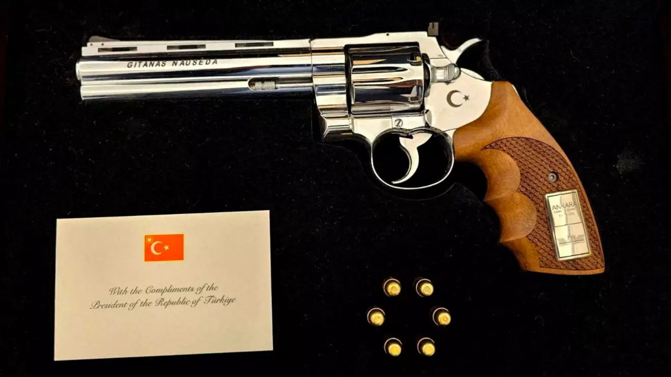 A gun gifted by Turkish President Recep Tayyip Erdogan to Lithuanian President Gitanas Nauseda at NATO summit in Ankara. Picture taken in Vilnius, Lithuania July 9, 2026. Lithuanian President's Office/Handout via Reuters
